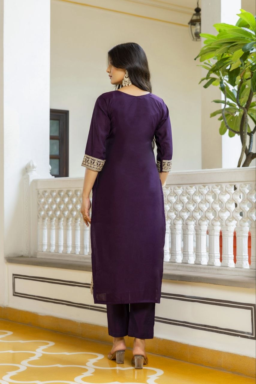 Majestic Royal Purple Embroidered Suit Set with Floral Organza Dupatta