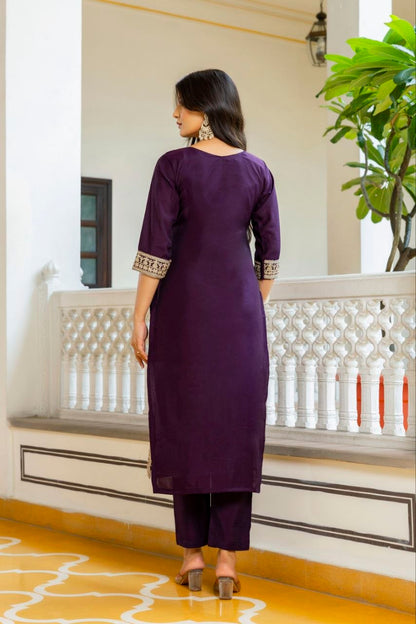 Majestic Royal Purple Embroidered Suit Set with Floral Organza Dupatta