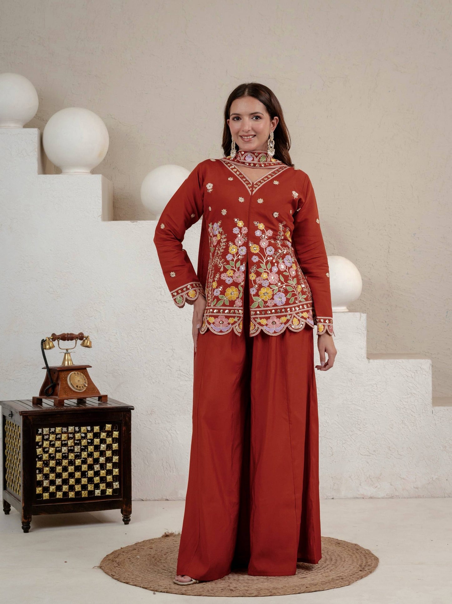 Stunning Rust Red Embroidered Peplum Kurta with Matching Palazzo Set