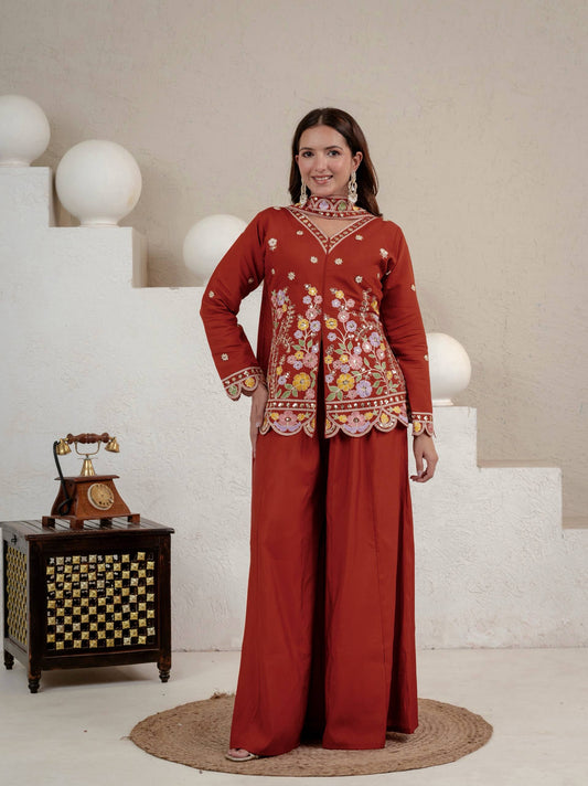 Stunning Rust Red Embroidered Peplum Kurta with Matching Palazzo Set