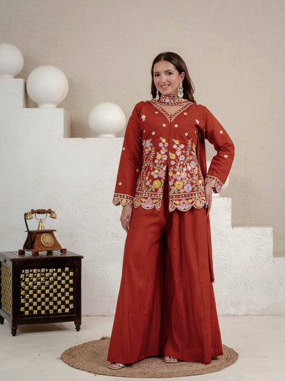 Stunning Rust Red Embroidered Peplum Kurta with Matching Palazzo Set
