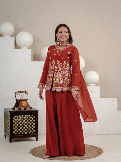 Stunning Rust Red Embroidered Peplum Kurta with Matching Palazzo Set