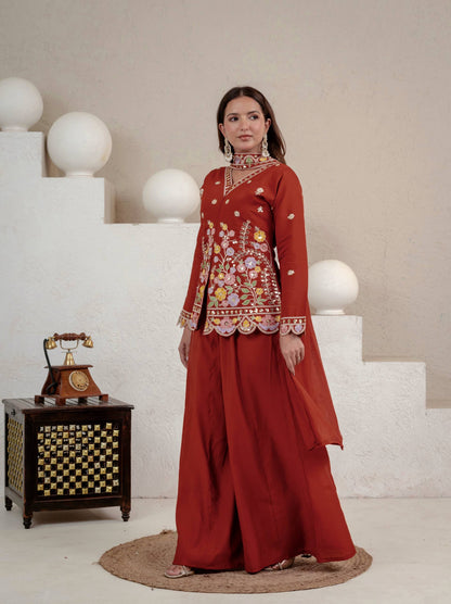 Stunning Rust Red Embroidered Peplum Kurta with Matching Palazzo Set