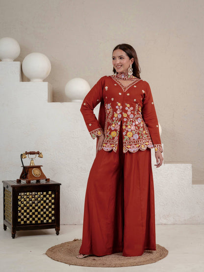 Stunning Rust Red Embroidered Peplum Kurta with Matching Palazzo Set
