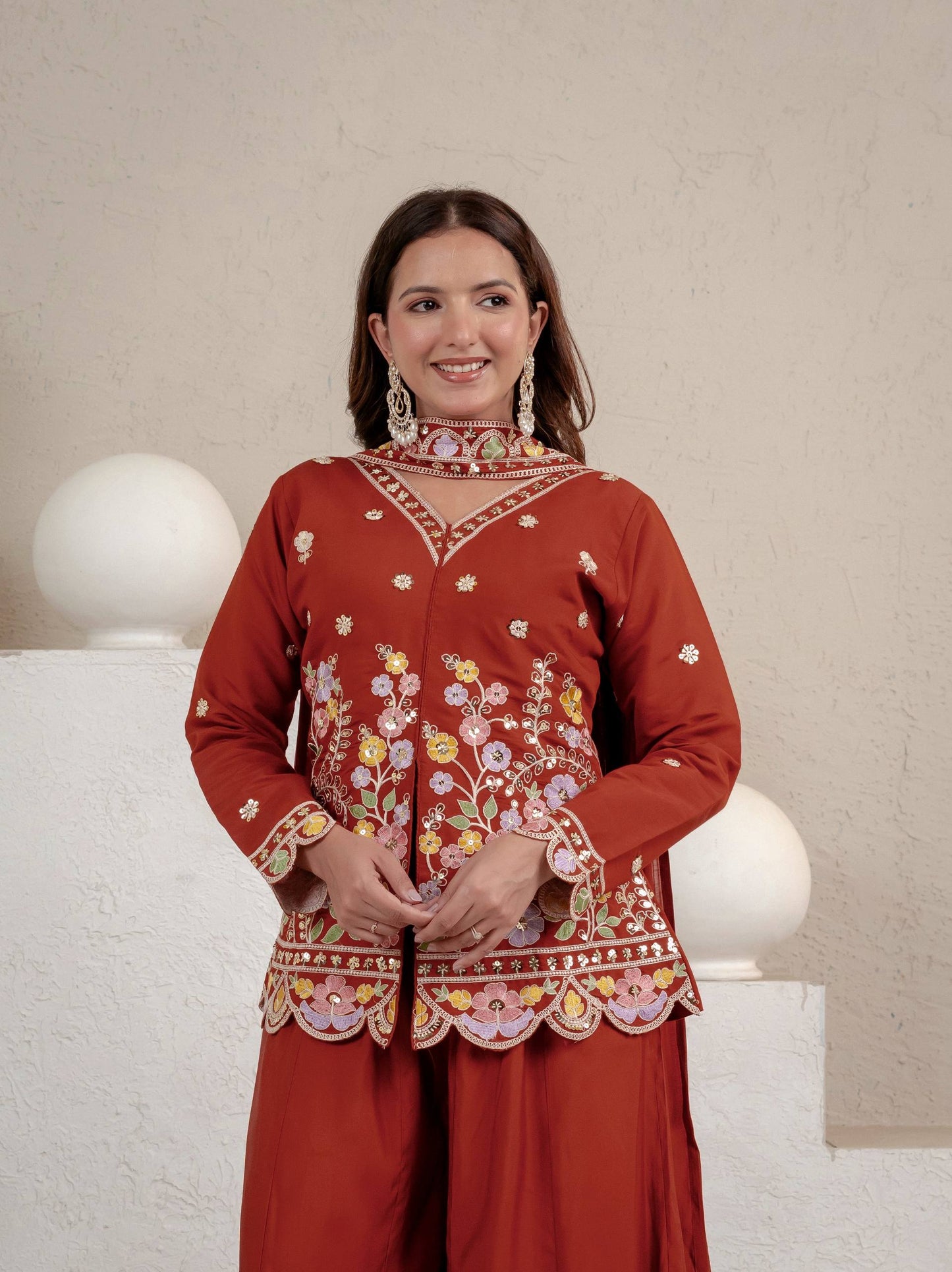 Stunning Rust Red Embroidered Peplum Kurta with Matching Palazzo Set