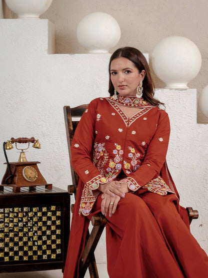 Stunning Rust Red Embroidered Peplum Kurta with Matching Palazzo Set