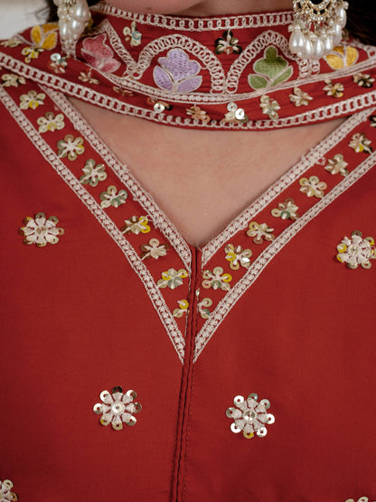 Stunning Rust Red Embroidered Peplum Kurta with Matching Palazzo Set