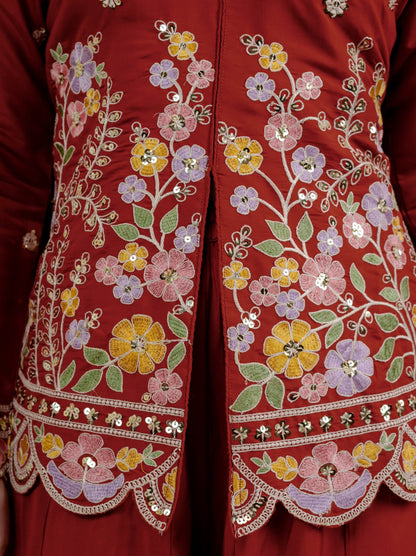 Stunning Rust Red Embroidered Peplum Kurta with Matching Palazzo Set