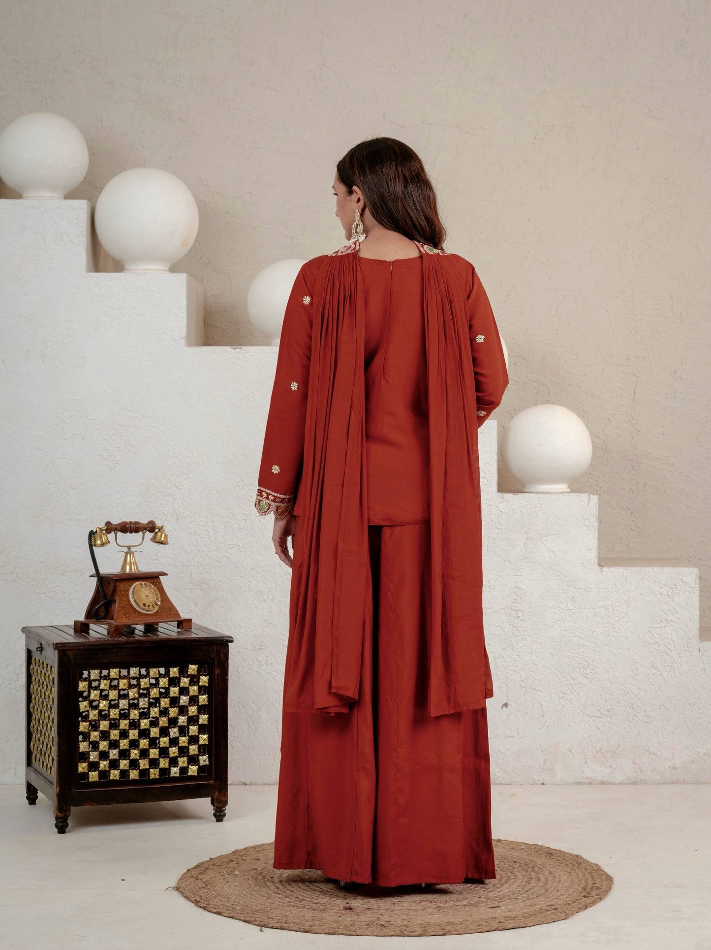 Stunning Rust Red Embroidered Peplum Kurta with Matching Palazzo Set