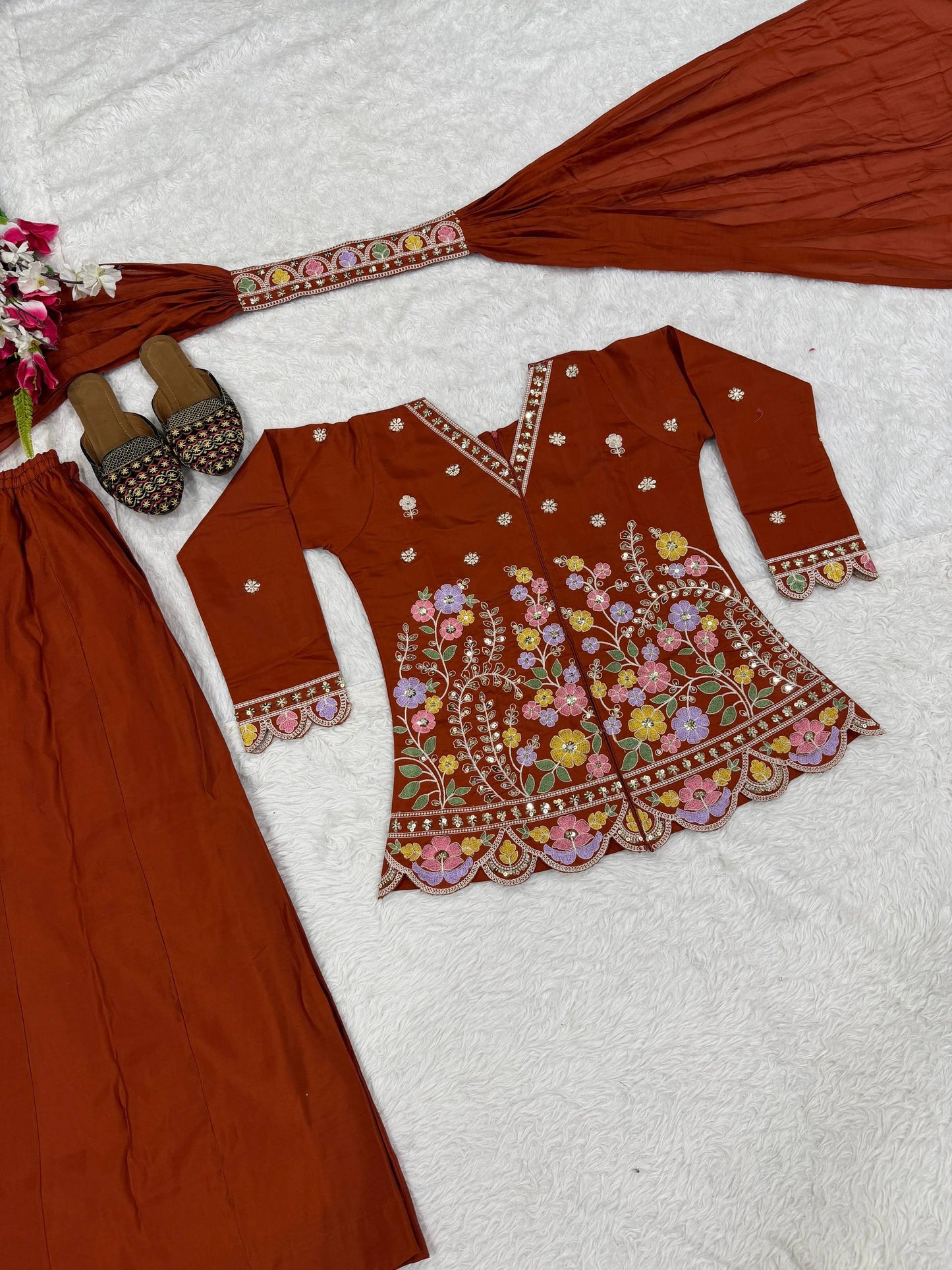 Stunning Rust Red Embroidered Peplum Kurta with Matching Palazzo Set