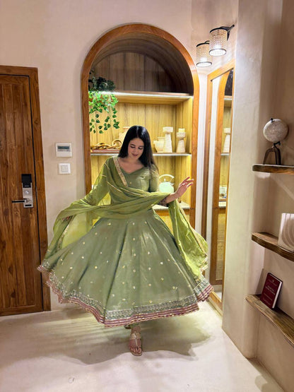 Elegant Olive Green Embroidered Anarkali Suit Set with Matching Dupatta