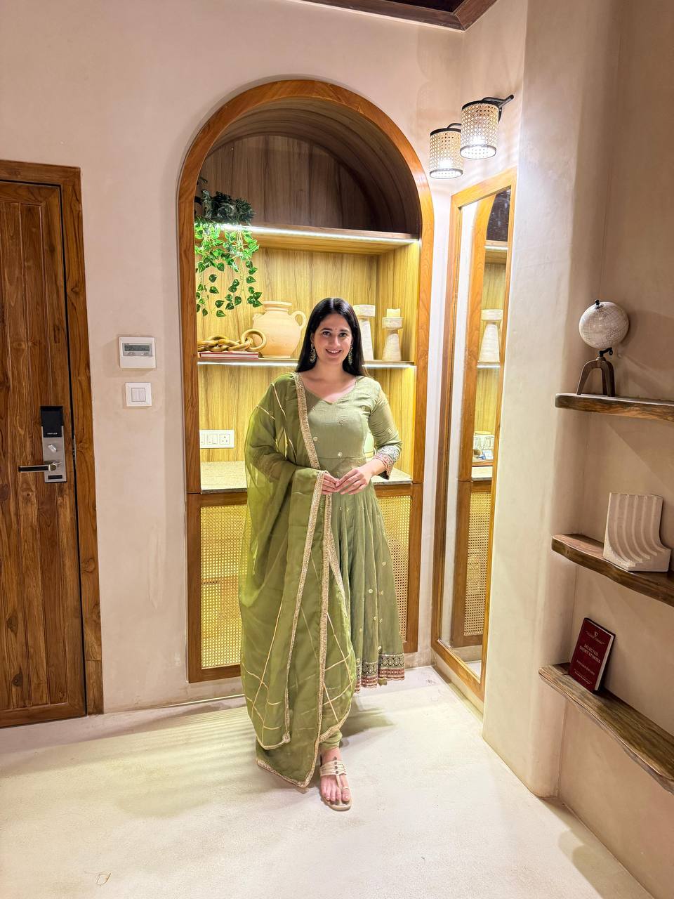 Elegant Olive Green Embroidered Anarkali Suit Set with Matching Dupatta