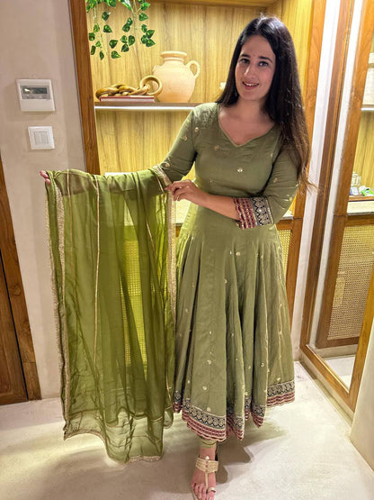 Elegant Olive Green Embroidered Anarkali Suit Set with Matching Dupatta