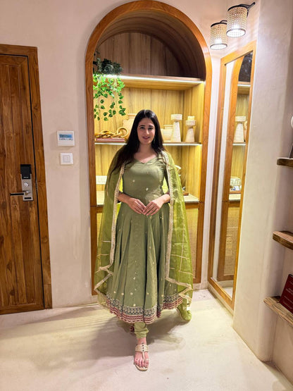 Elegant Olive Green Embroidered Anarkali Suit Set with Matching Dupatta