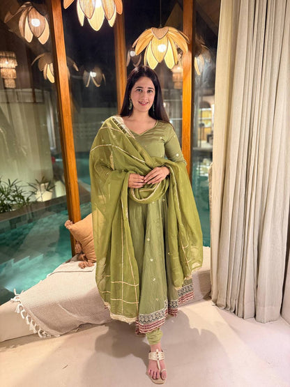 Elegant Olive Green Embroidered Anarkali Suit Set with Matching Dupatta
