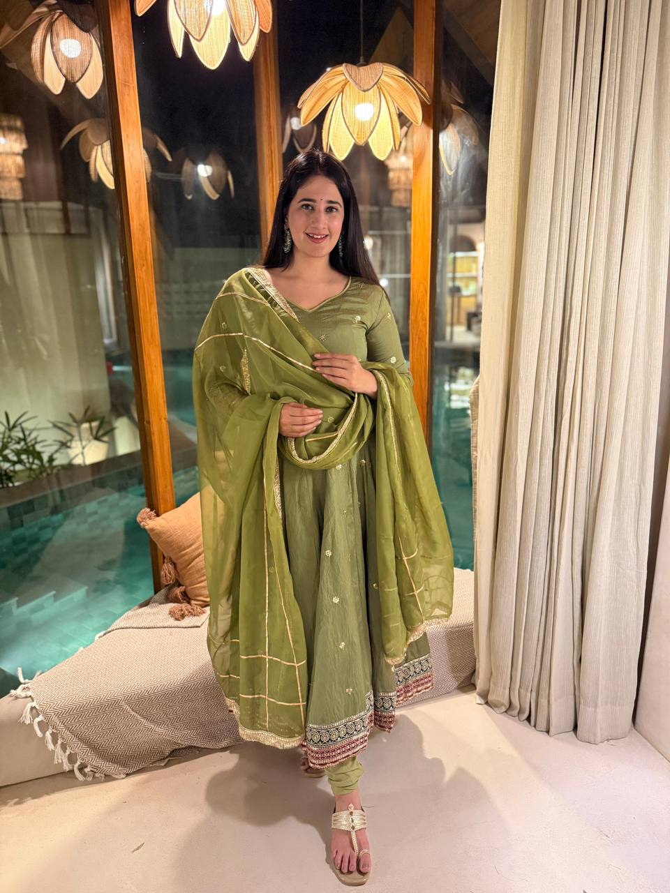 Elegant Olive Green Embroidered Anarkali Suit Set with Matching Dupatta