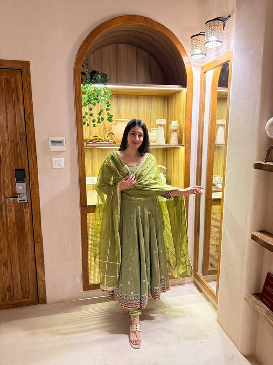 Elegant Olive Green Embroidered Anarkali Suit Set with Matching Dupatta