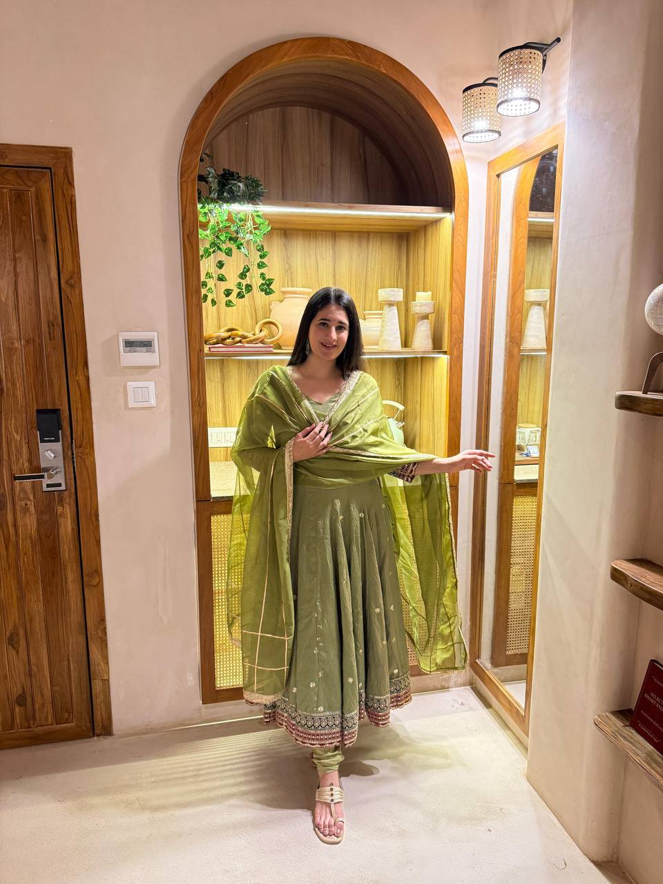 Elegant Olive Green Embroidered Anarkali Suit Set with Matching Dupatta