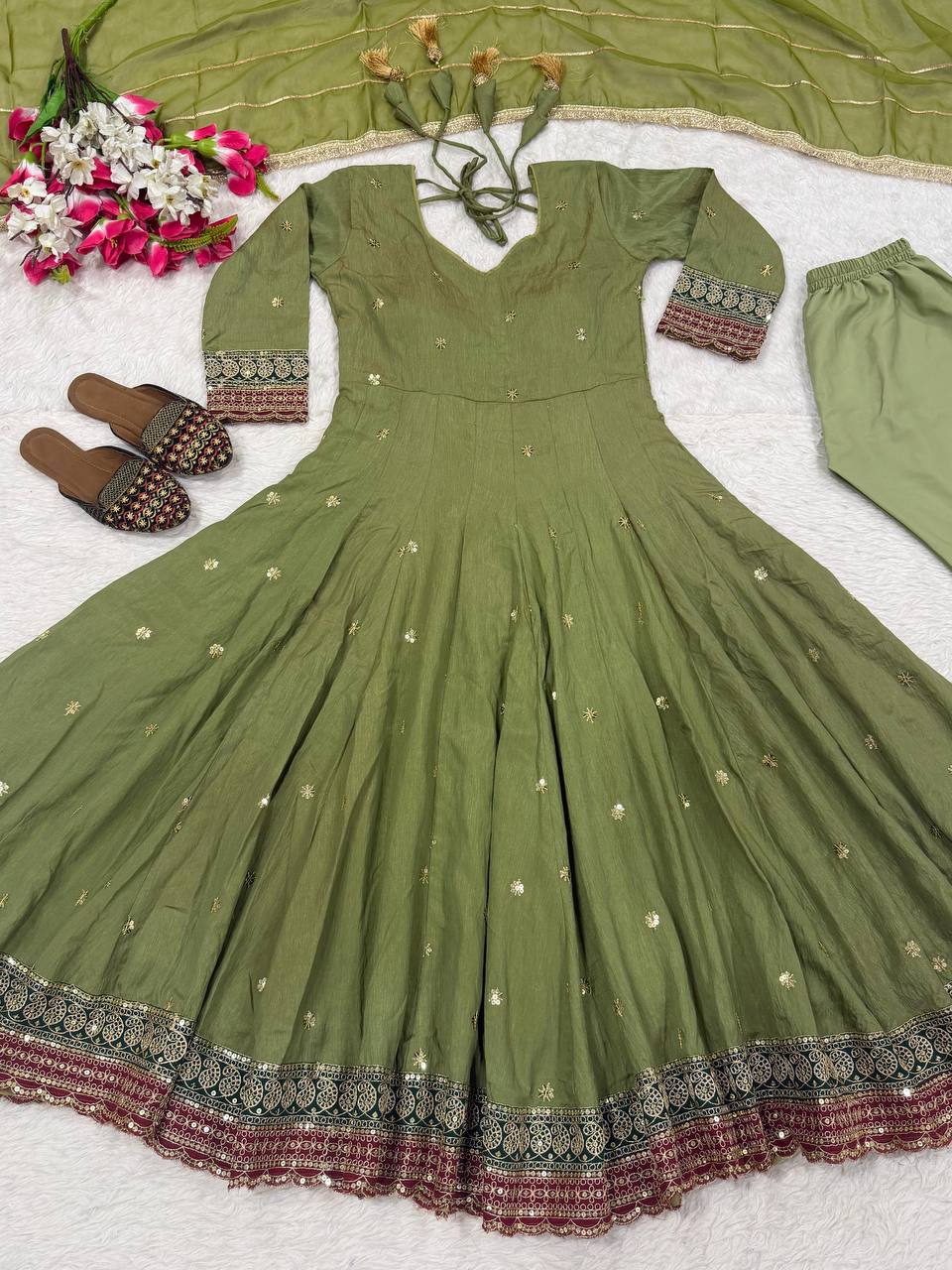 Elegant Olive Green Embroidered Anarkali Suit Set with Matching Dupatta