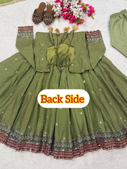 Elegant Olive Green Embroidered Anarkali Suit Set with Matching Dupatta