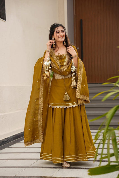 Magic Mustard Yellow Pure Soft Chinon Peplum Kurta with Flared Palazzo and Dupatta Set