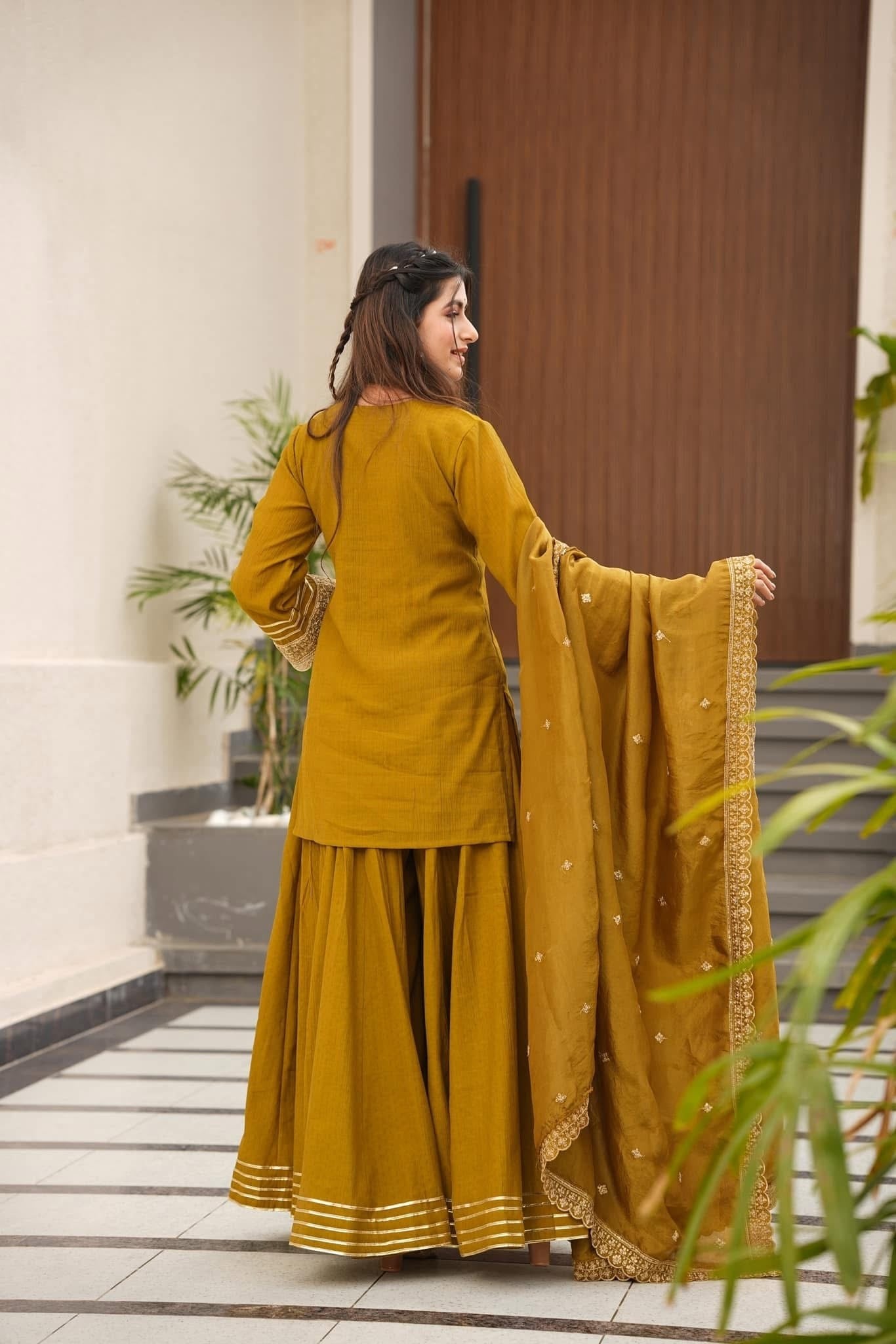 Magic Mustard Yellow Pure Soft Chinon Peplum Kurta with Flared Palazzo and Dupatta Set