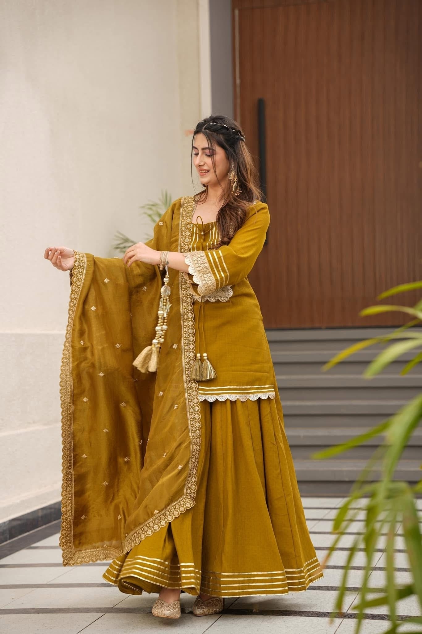 Magic Mustard Yellow Pure Soft Chinon Peplum Kurta with Flared Palazzo and Dupatta Set
