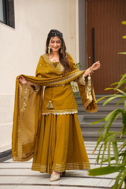 Magic Mustard Yellow Pure Soft Chinon Peplum Kurta with Flared Palazzo and Dupatta Set