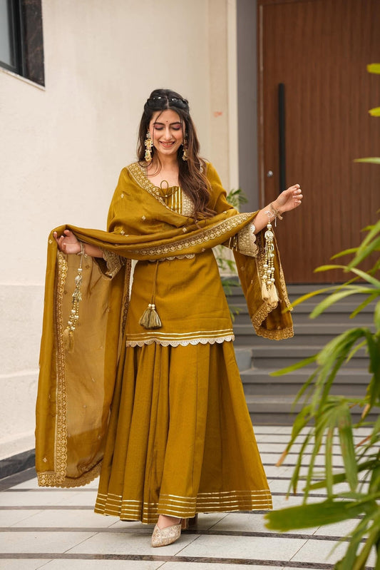 Magic Mustard Yellow Pure Soft Chinon Peplum Kurta with Flared Palazzo and Dupatta Set