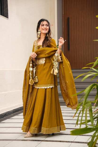 Magic Mustard Yellow Pure Soft Chinon Peplum Kurta with Flared Palazzo and Dupatta Set