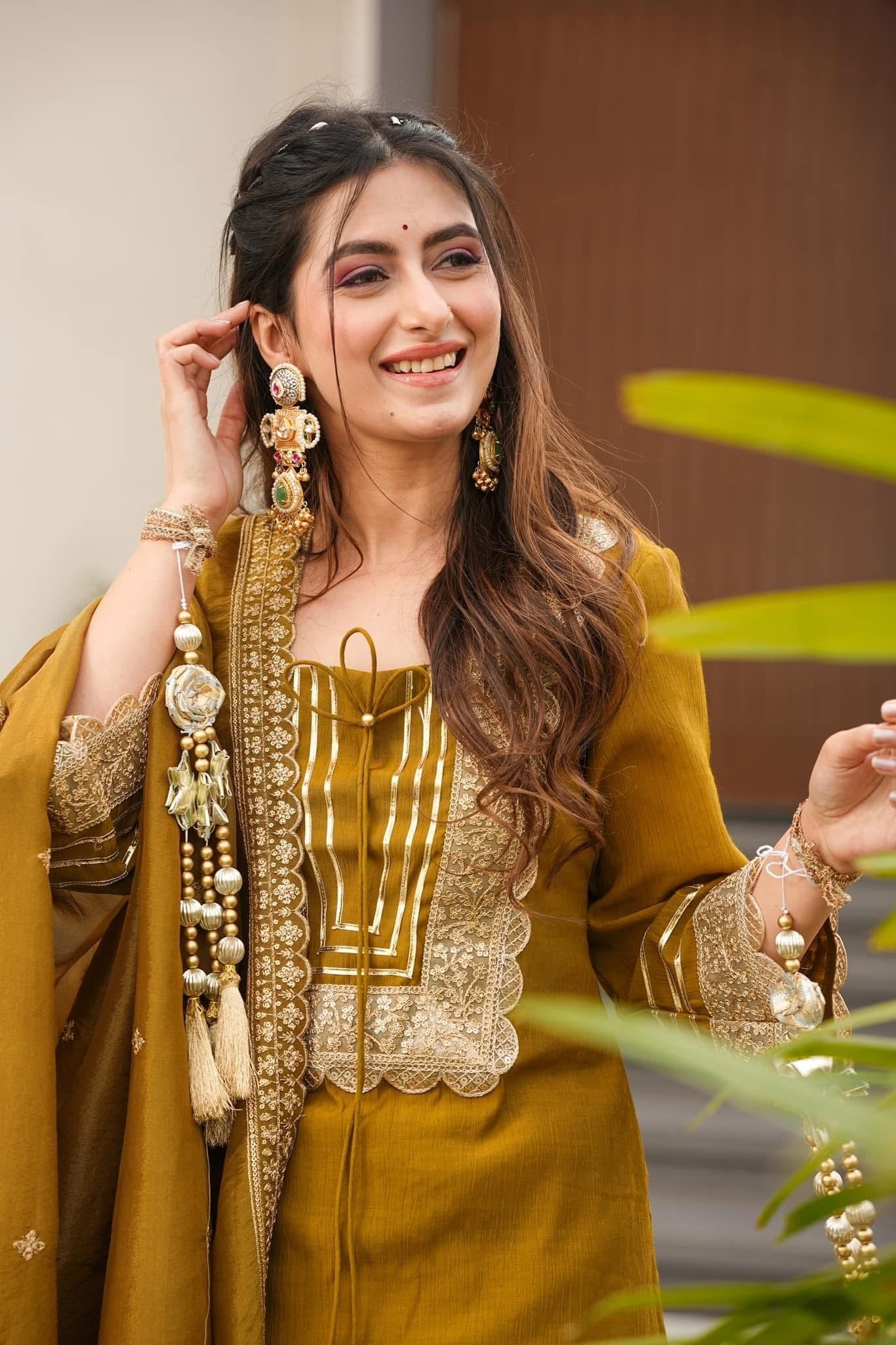 Magic Mustard Yellow Pure Soft Chinon Peplum Kurta with Flared Palazzo and Dupatta Set
