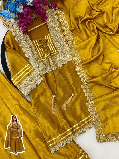 Magic Mustard Yellow Pure Soft Chinon Peplum Kurta with Flared Palazzo and Dupatta Set