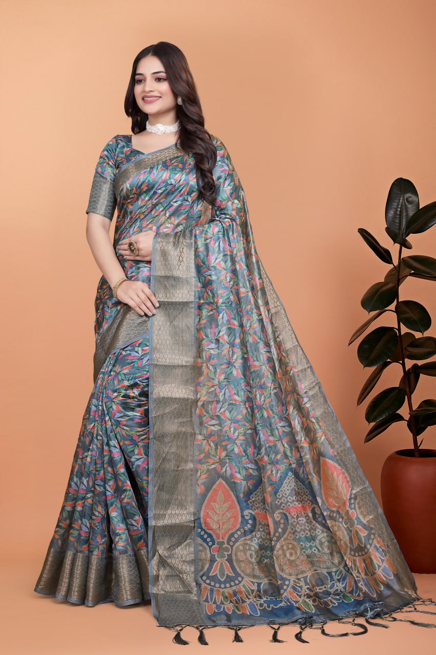 The Aura Collection: Multicolor Leaf Printed Silk Blend Saree with Traditional Zari Pallu