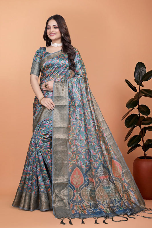 The Aura Collection: Multicolor Leaf Printed Silk Blend Saree with Traditional Zari Pallu