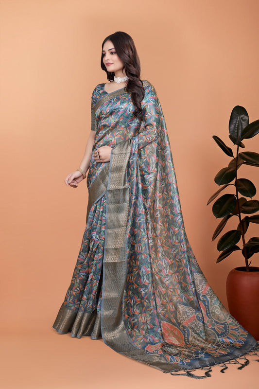The Aura Collection: Multicolor Leaf Printed Silk Blend Saree with Traditional Zari Pallu