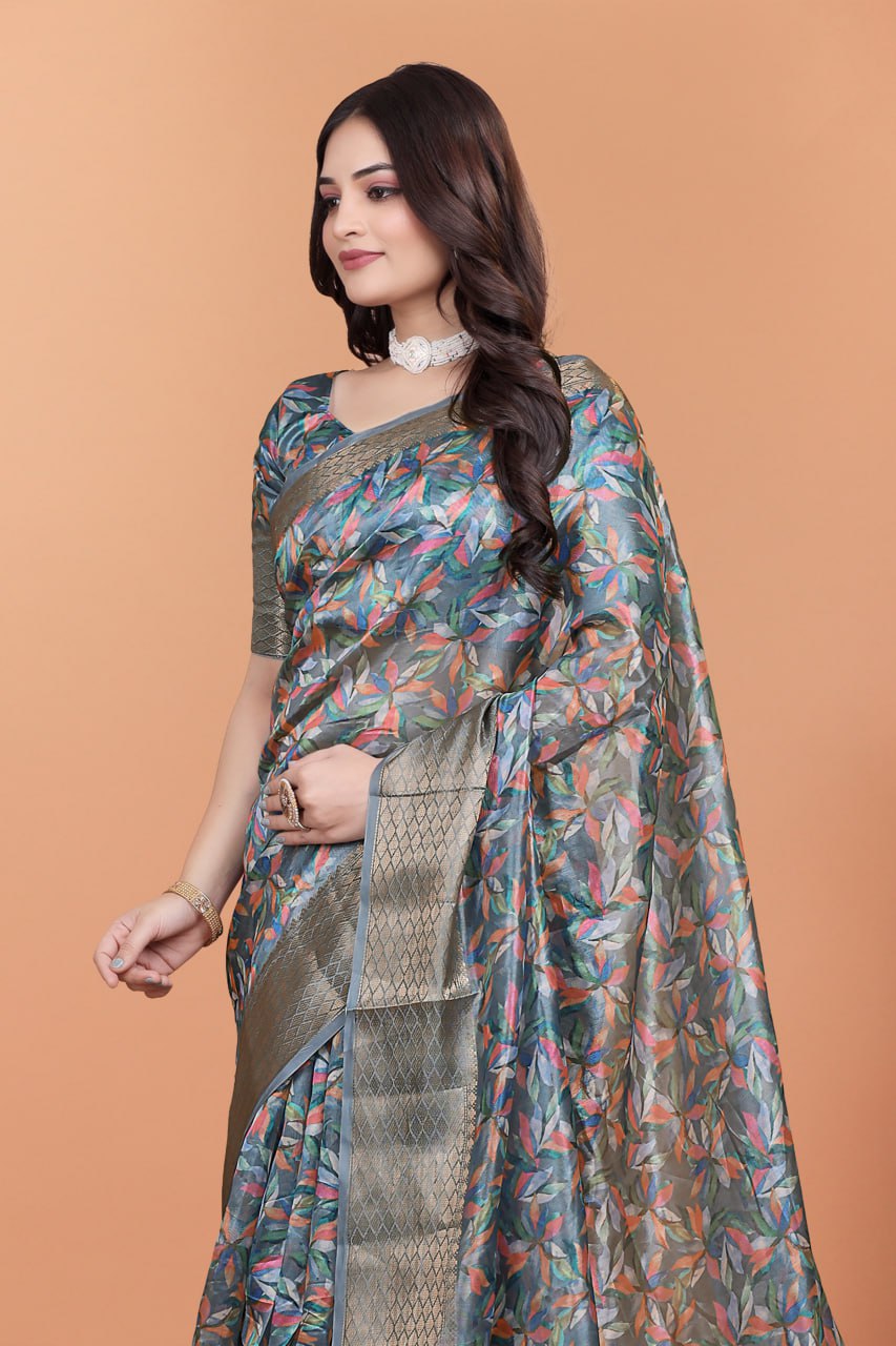 The Aura Collection: Multicolor Leaf Printed Silk Blend Saree with Traditional Zari Pallu