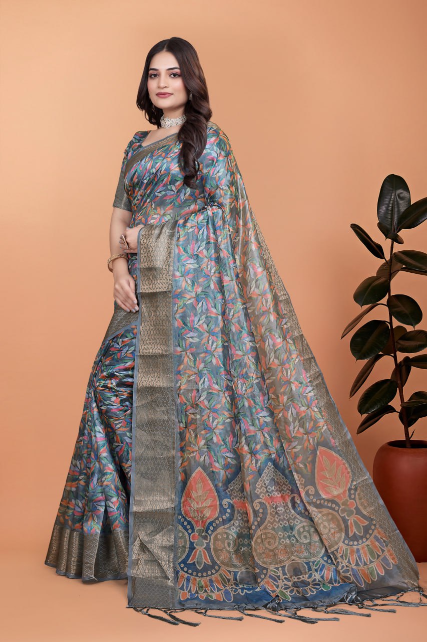 The Aura Collection: Multicolor Leaf Printed Silk Blend Saree with Traditional Zari Pallu