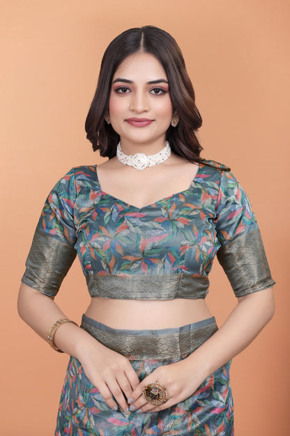 The Aura Collection: Multicolor Leaf Printed Silk Blend Saree with Traditional Zari Pallu