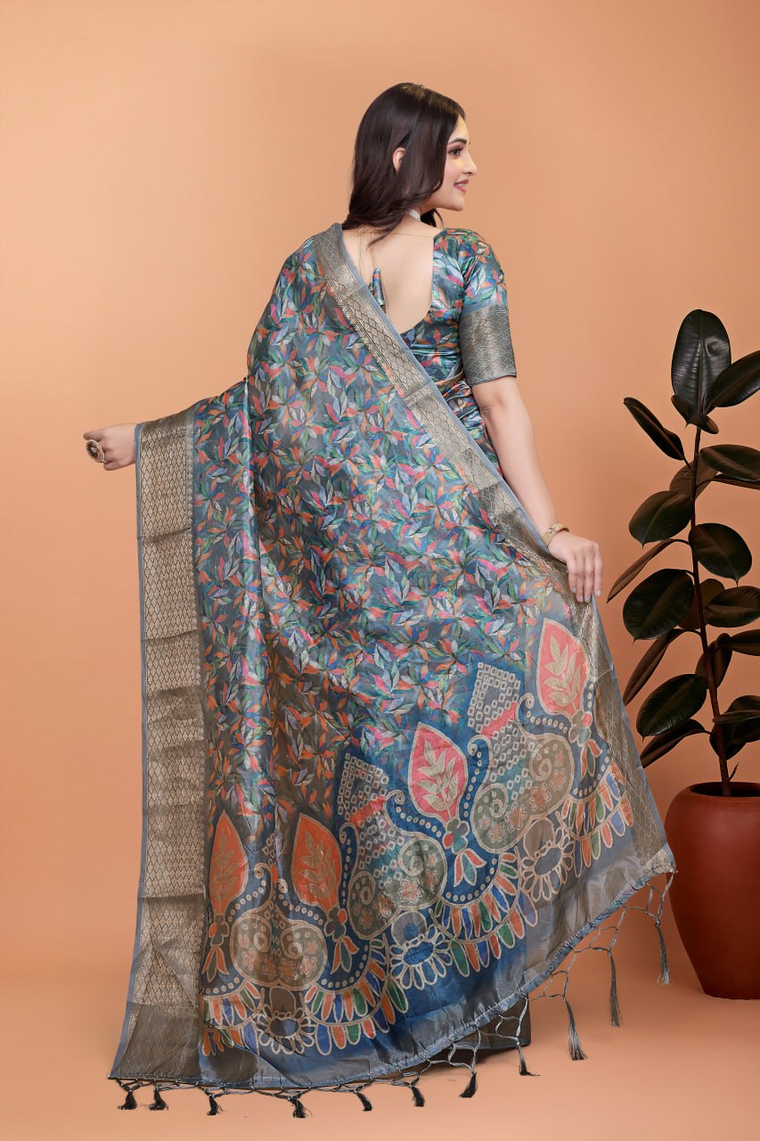 The Aura Collection: Multicolor Leaf Printed Silk Blend Saree with Traditional Zari Pallu