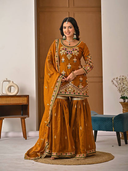 Elegant Mustard Heavy Fandy Silk Embroidered Sharara Set with Dupatta