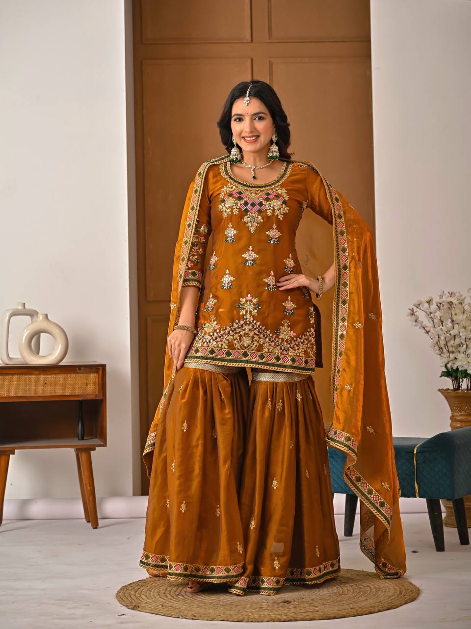 Elegant Mustard Heavy Fandy Silk Embroidered Sharara Set with Dupatta