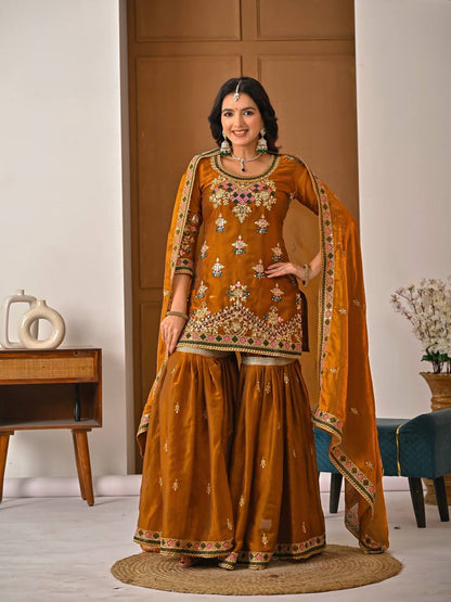 Elegant Mustard Heavy Fandy Silk Embroidered Sharara Set with Dupatta