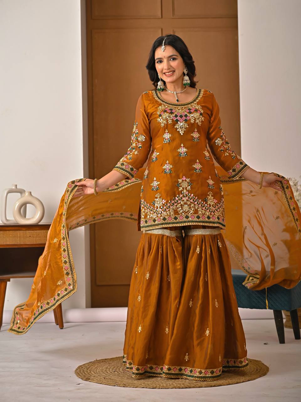 Elegant Mustard Heavy Fandy Silk Embroidered Sharara Set with Dupatta