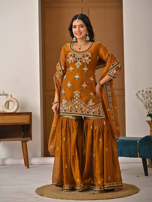 Elegant Mustard Heavy Fandy Silk Embroidered Sharara Set with Dupatta