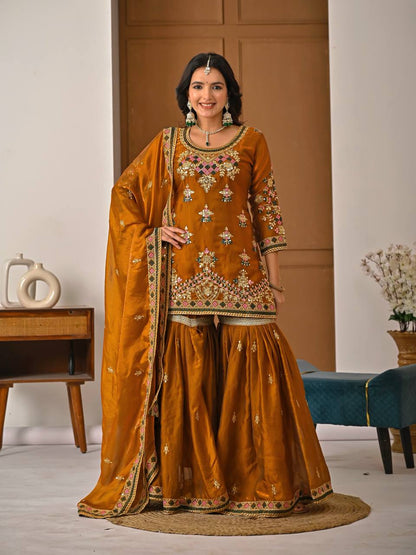 Elegant Mustard Heavy Fandy Silk Embroidered Sharara Set with Dupatta
