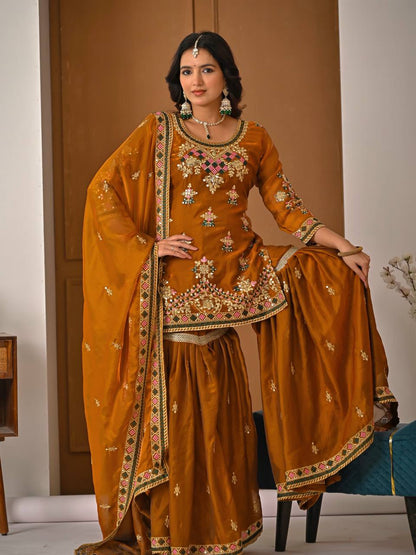 Elegant Mustard Heavy Fandy Silk Embroidered Sharara Set with Dupatta
