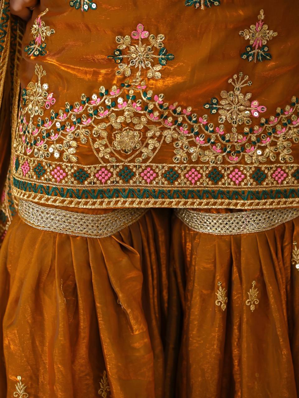 Elegant Mustard Heavy Fandy Silk Embroidered Sharara Set with Dupatta