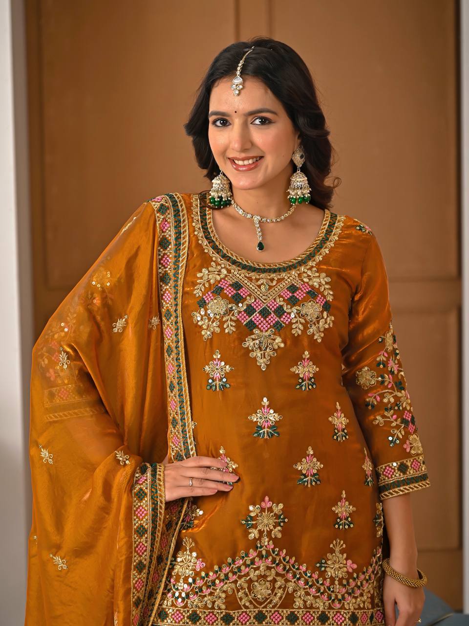 Elegant Mustard Heavy Fandy Silk Embroidered Sharara Set with Dupatta