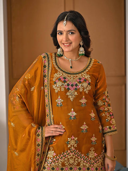 Elegant Mustard Heavy Fandy Silk Embroidered Sharara Set with Dupatta