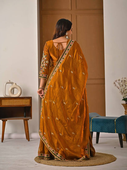Elegant Mustard Heavy Fandy Silk Embroidered Sharara Set with Dupatta
